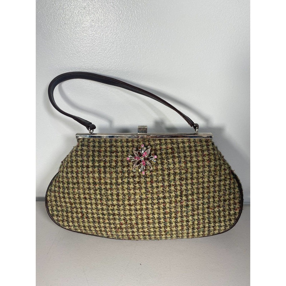 Glenda Gies Vintage Houndstooth Fabric Jeweled Brooch Handbag - RARE